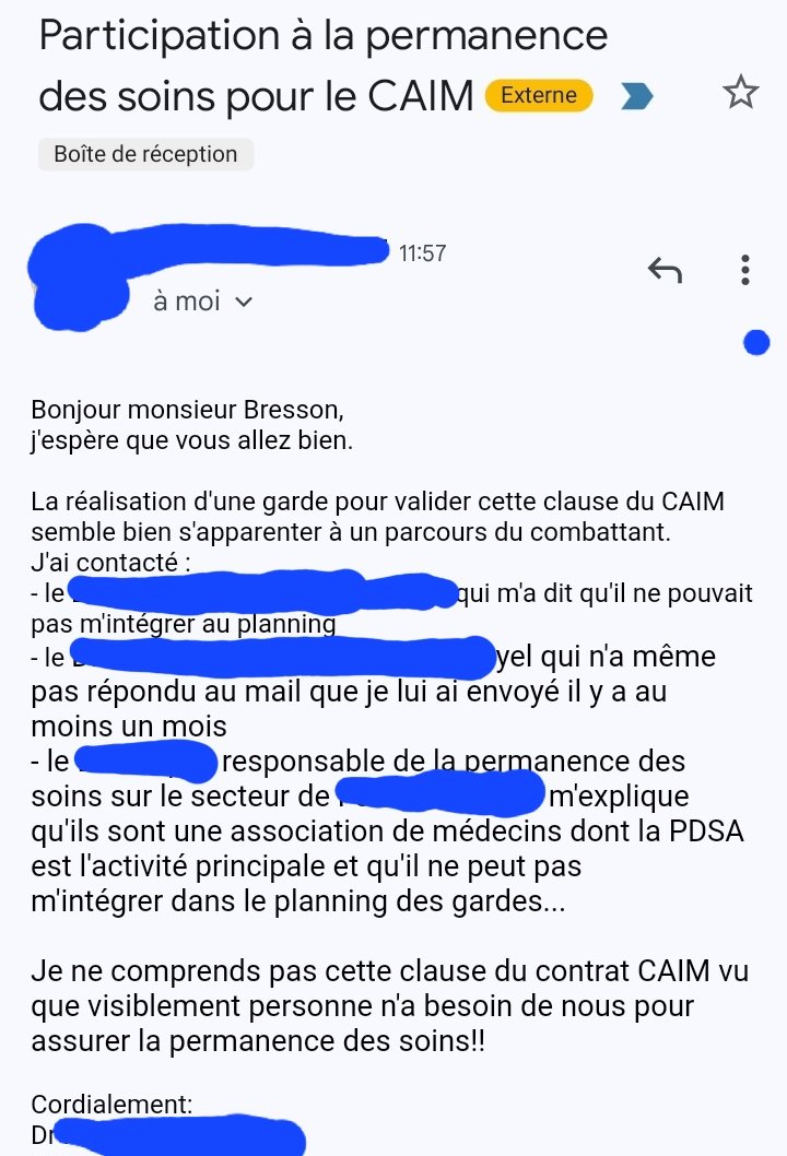 Au moment même où nos députés sous l'impulsion de <a href="/guillaumegarot/">Guillaume GAROT</a> votent l'obligation de participer aux gardes pour tous les médecins, voici un mail que je reçois aujourd'hui même, d'un médecin récemment installé dans un département quasi-intégralement classé #désertmédical.