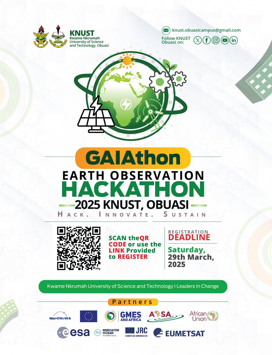 All you need is to be technologically savvy and possess an innovative, sustainable technological solution capable of addressing environmental challenges

To be a part of Africa's premier Earth Observation hackathon, #GAIAthon2025.

Register now via ⬇️
bit.ly/Obuasi_GAIAthon