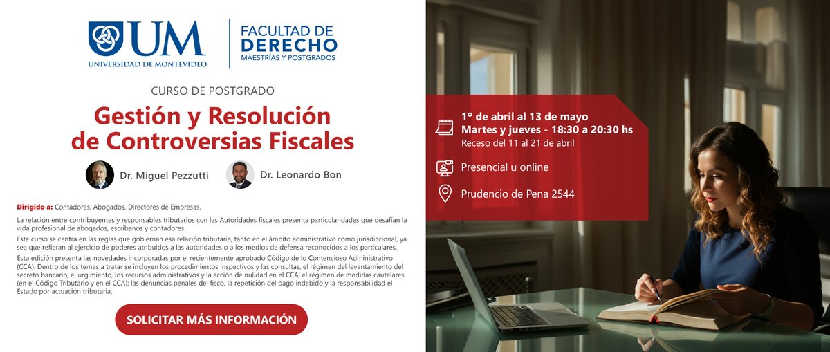 Derecho UM (@umderecho) on Twitter photo šØLos invitamos al curso "Gestión y Resolución de Controversias Fiscales" con foco en las novedades incorporadas por el recientemente aprobado Código de lo Contencioso Administrativo.
Consultas šmaestrĆasderecho@um.edu.uy šØLos invitamos al curso "Gestión y Resolución de Controversias Fiscales" con foco en las novedades incorporadas por el recientemente aprobado Código de lo Contencioso Administrativo.
Consultas šmaestrĆasderecho@um.edu.uy