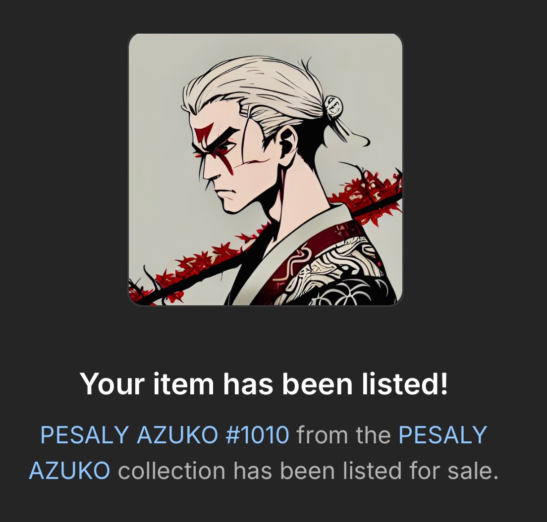 “Honor, strength, and a warrior’s soul. ⚔️🔥 PESALY AZUKO #1010 is now listed—an icon of power and mystery. Will you claim it? #NFT #CryptoArt #SamuraiVibes” 
opensea.io/assets/matic/0…

#NFTCollection #nft #NFTSales #NFTshill