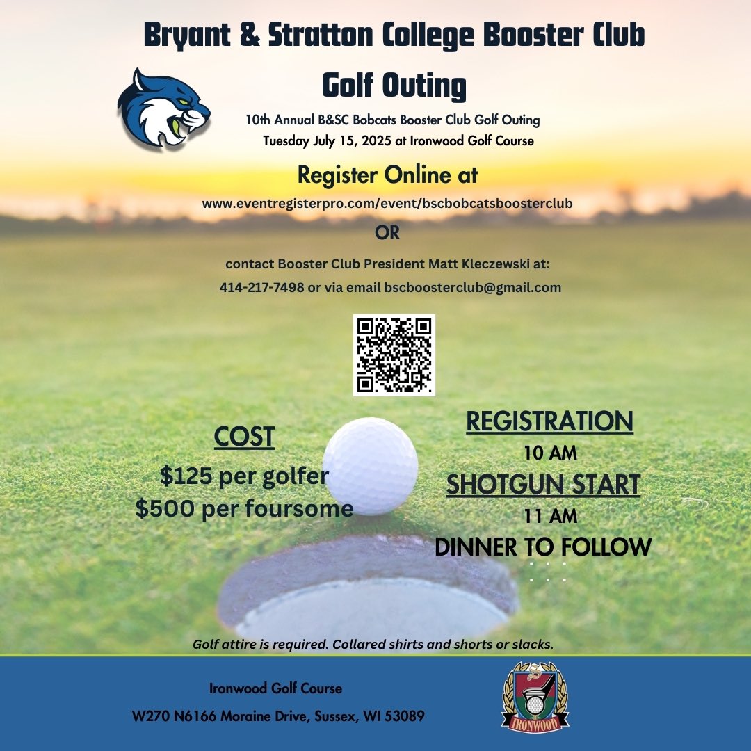Bryant &amp; Stratton College is set to host its 10th annual golf outing on July 15, 2025, at Ironwood Golf Course!

Come out and support our student-athletes!

Signup link: eventregisterpro.com/event/bscbobca…

#ClawsUp