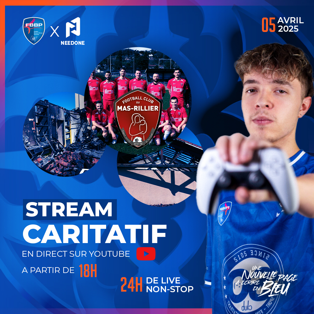 Le @fbbp01 et sa section esport s’associent au club de jeux vidéo professionnel @needone_nd1 dans un live caritatif afin de récolter des dons pour venir en aide aux malheureux adhérents du Football Club Mas-Rillier victime d’un incendie et orphelin de leurs infrastructures.