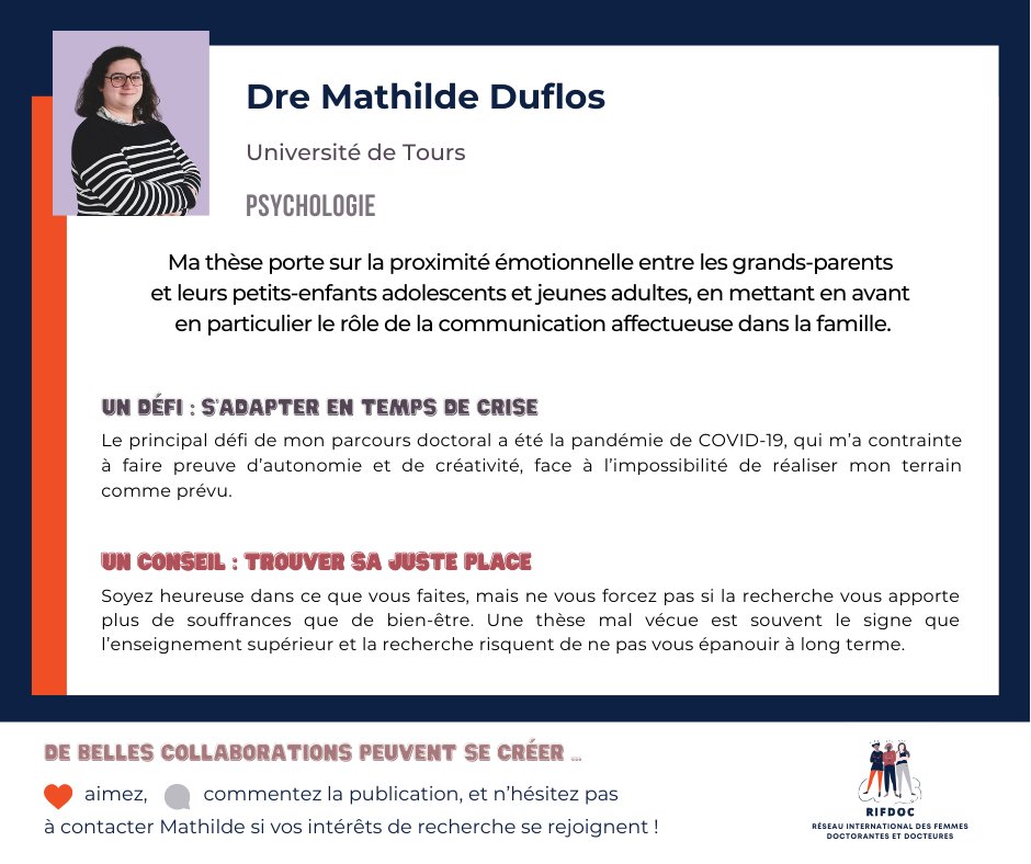 RIFDOC (@rifdoc) on Twitter photo Cette semaine, nous sommes heureuses de vous présenter <a href="/DuflosMathilde/">Dr. Mathilde Duflos</a>, enseignante chercheure à l'Université de Tours. N'hésitez pas à la contacter si vos intérêts de recherche convergent !
Pour mettre en lumière votre parcours 👉forms.gle/XFpCenpAM7BGBH… Cette semaine, nous sommes heureuses de vous présenter <a href="/DuflosMathilde/">Dr. Mathilde Duflos</a>, enseignante chercheure à l'Université de Tours. N'hésitez pas à la contacter si vos intérêts de recherche convergent !
Pour mettre en lumière votre parcours 👉forms.gle/XFpCenpAM7BGBH…