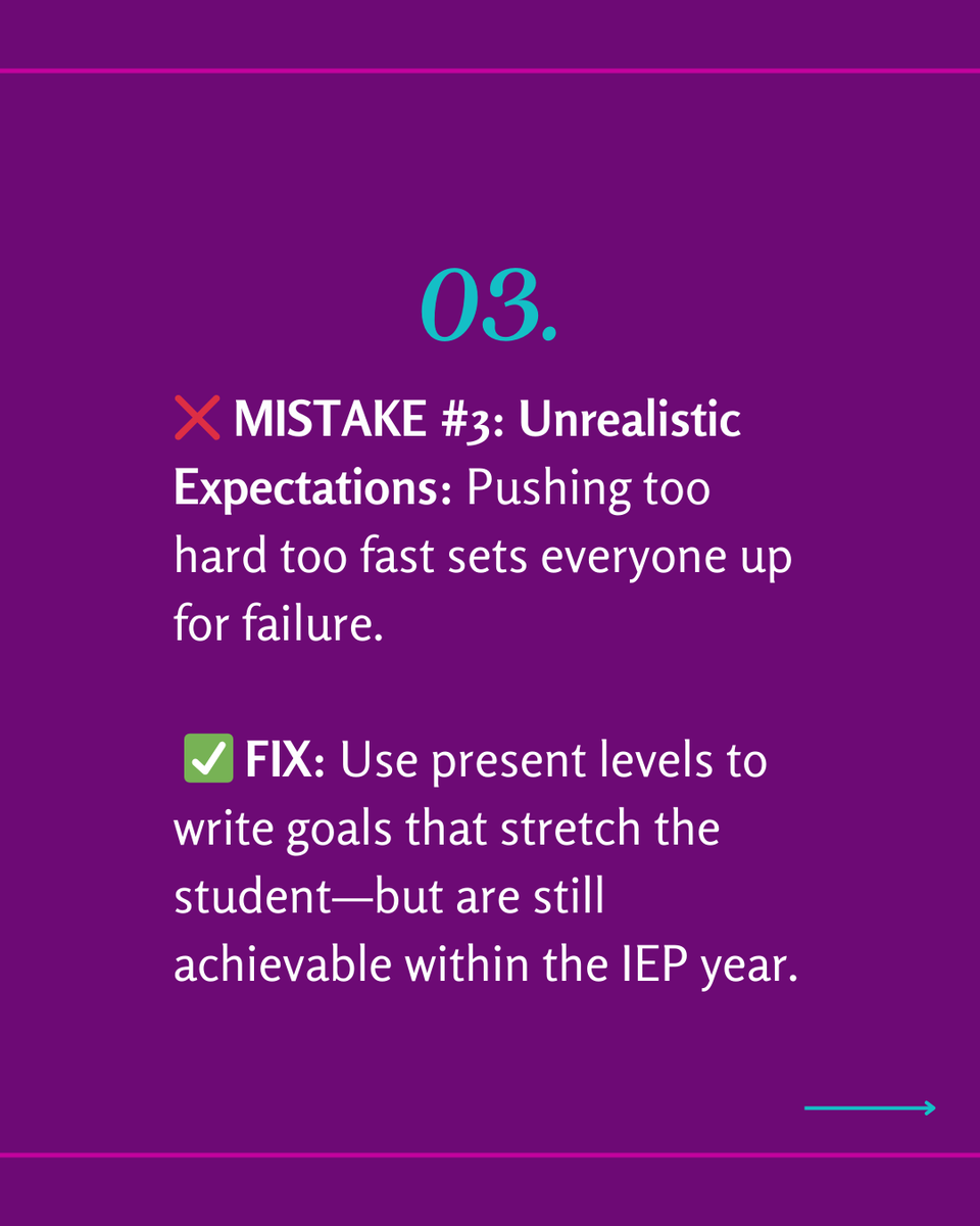 TheIEPCoachLLC's tweet photo. Vague IEP goals = ineffective support. ❌

Common SMART goal mistakes:
🚨 Too vague (“improve reading”)
🚨 No clear measurement
🚨 Unrealistic expectations

Swipe for quick fixes! What’s the worst SMART goal mistake you’ve seen? ⬇️ 

#SPED #IEPGoals https://t.co/IxjfzYgI0c