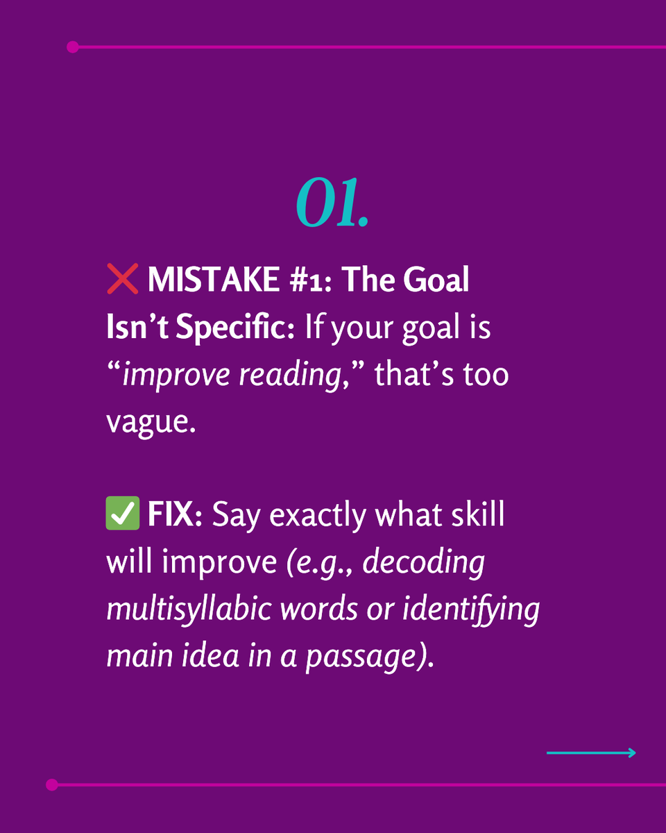 TheIEPCoachLLC's tweet photo. Vague IEP goals = ineffective support. ❌

Common SMART goal mistakes:
🚨 Too vague (“improve reading”)
🚨 No clear measurement
🚨 Unrealistic expectations

Swipe for quick fixes! What’s the worst SMART goal mistake you’ve seen? ⬇️ 

#SPED #IEPGoals https://t.co/IxjfzYgI0c
