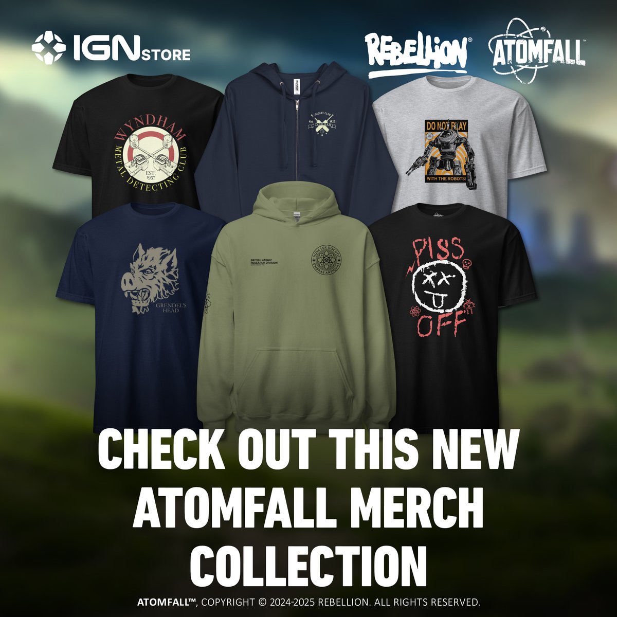 IGN's tweet photo. The fall has begun—will you rise?

Celebrate the highly anticipated launch of @AtomfallGame with the @IGNStore Atomfall Collection, featuring high-quality gear inspired by the eerie, post-apocalyptic world of @Rebellion's latest game.

From tees to vintage-inspired hoodies and other atomic-age fashion, this collection has everything you need to survive the British countryside… and whatever lurks within it: https://t.co/J0CfzCcyaY