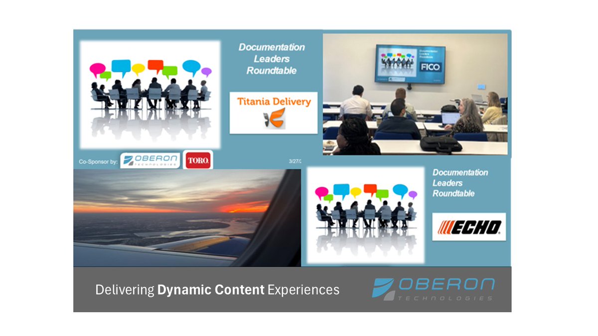 Wrapping up an exciting month of Regional Doc Leaders Roundtables, meeting in MN with host Toro, CA with host FICO, and IL with host ECHO USA.  A great opportunity for our clients to share insights to improve their documentation systems and processes. info@oberontech.com