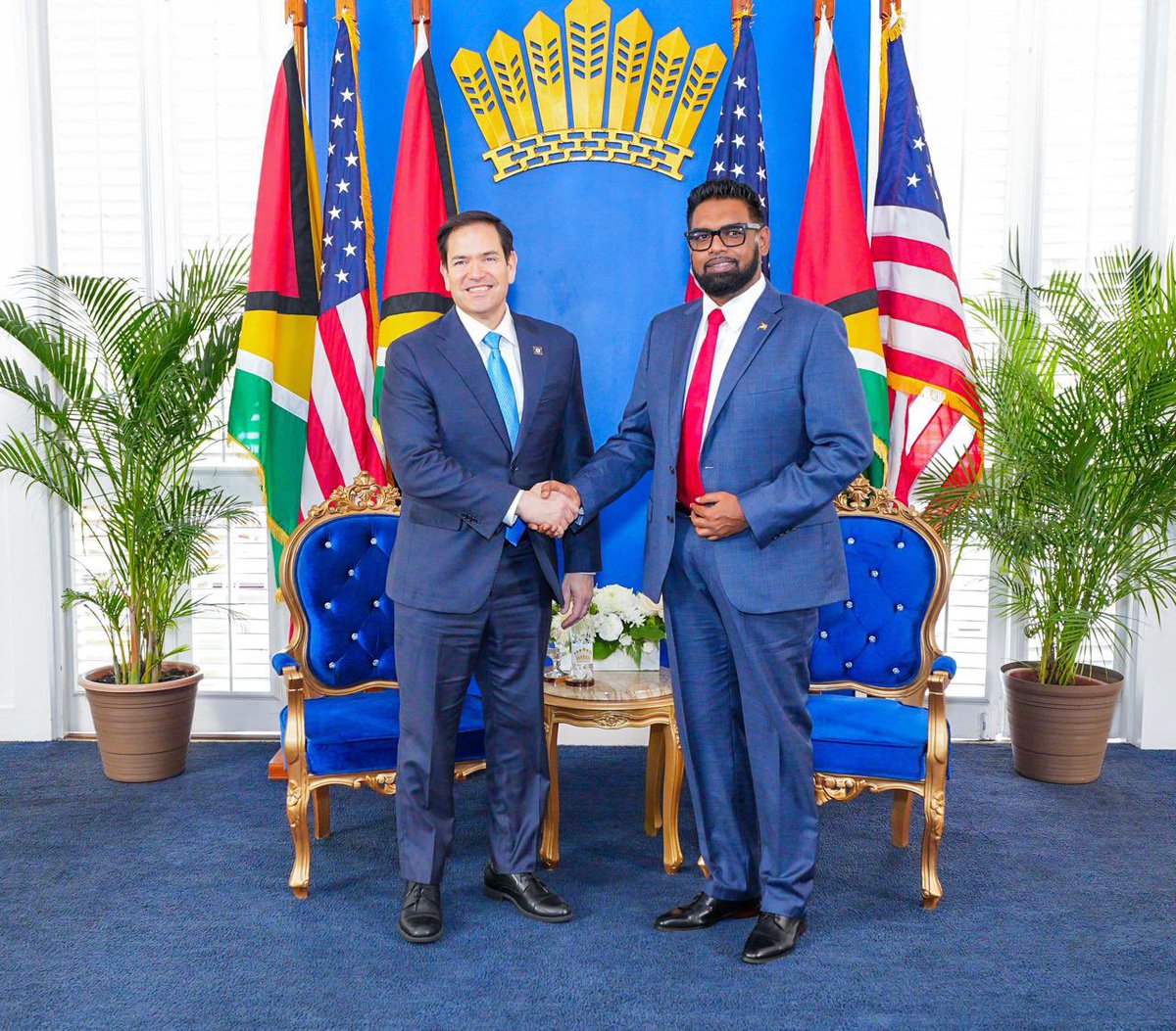 Office of the President - Guyana (@otpgy) on Twitter photo President Dr Irfaan Ali and US Secretary of State <a href="/SecRubio/">Secretary Marco Rubio</a> held bilateral discussions today. Discussions focused on consolidating the agendas of both countries in several areas, including regional security, trade, energy, investments, and human capital development. President Dr Irfaan Ali and US Secretary of State <a href="/SecRubio/">Secretary Marco Rubio</a> held bilateral discussions today. Discussions focused on consolidating the agendas of both countries in several areas, including regional security, trade, energy, investments, and human capital development.