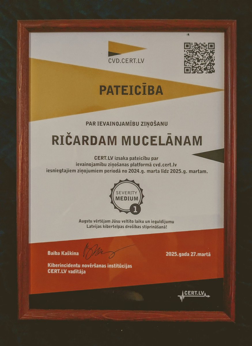 Thank you <a href="/certlv/">CERT</a> for strengthening Latvia's cyberspace and thank you for acknowledgment ❤️

Offtopic, this was my first, quick attempt to find vulnerability in municipal website. 👀
