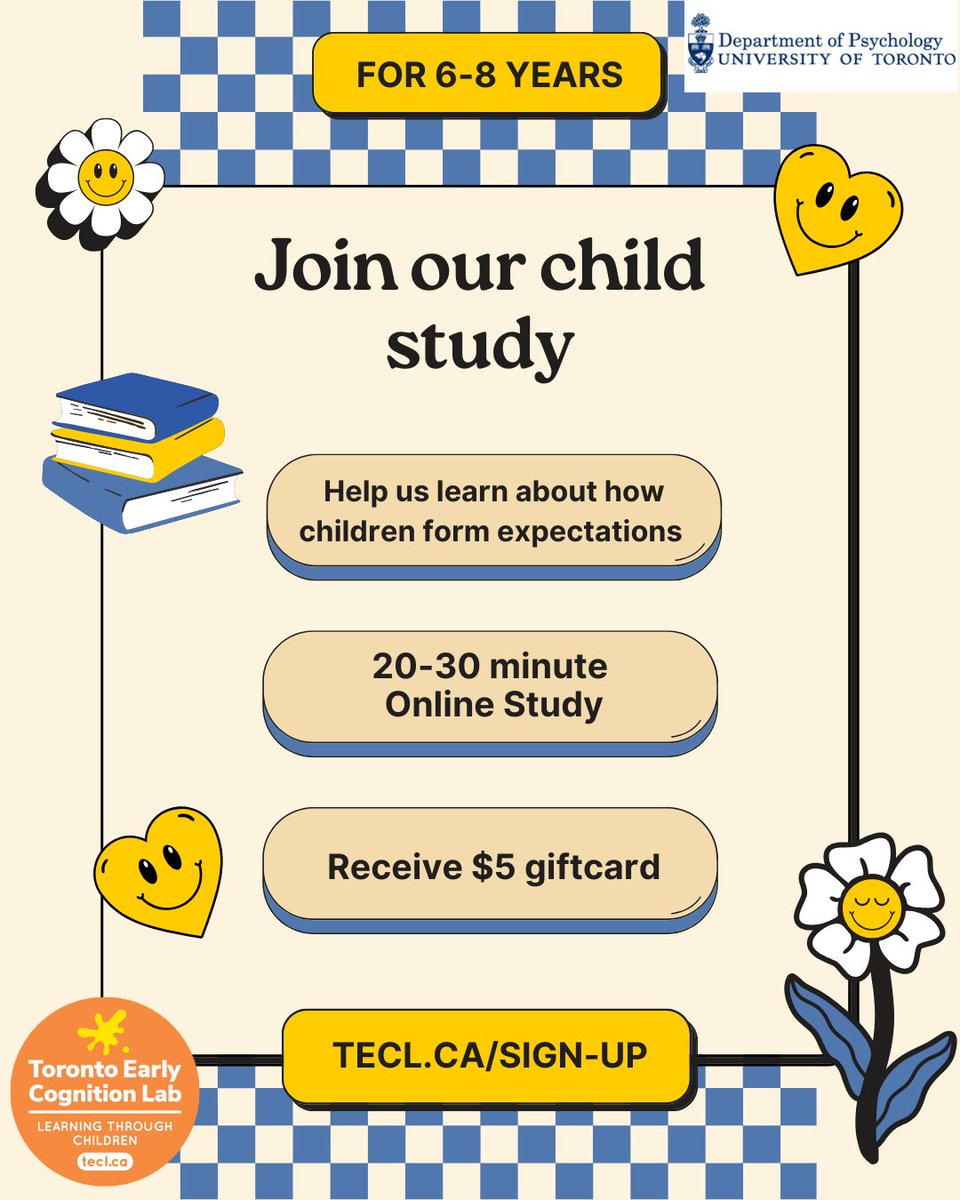 ⭐ Join the Toronto Early Cognition Lab for fun online studies for toddlers 6 to 8 years old!

🔍 Helping us learn about how children form expectations about problem-solving

🎁 Receive $5 gift cards

📝 Sign up at link in our bio