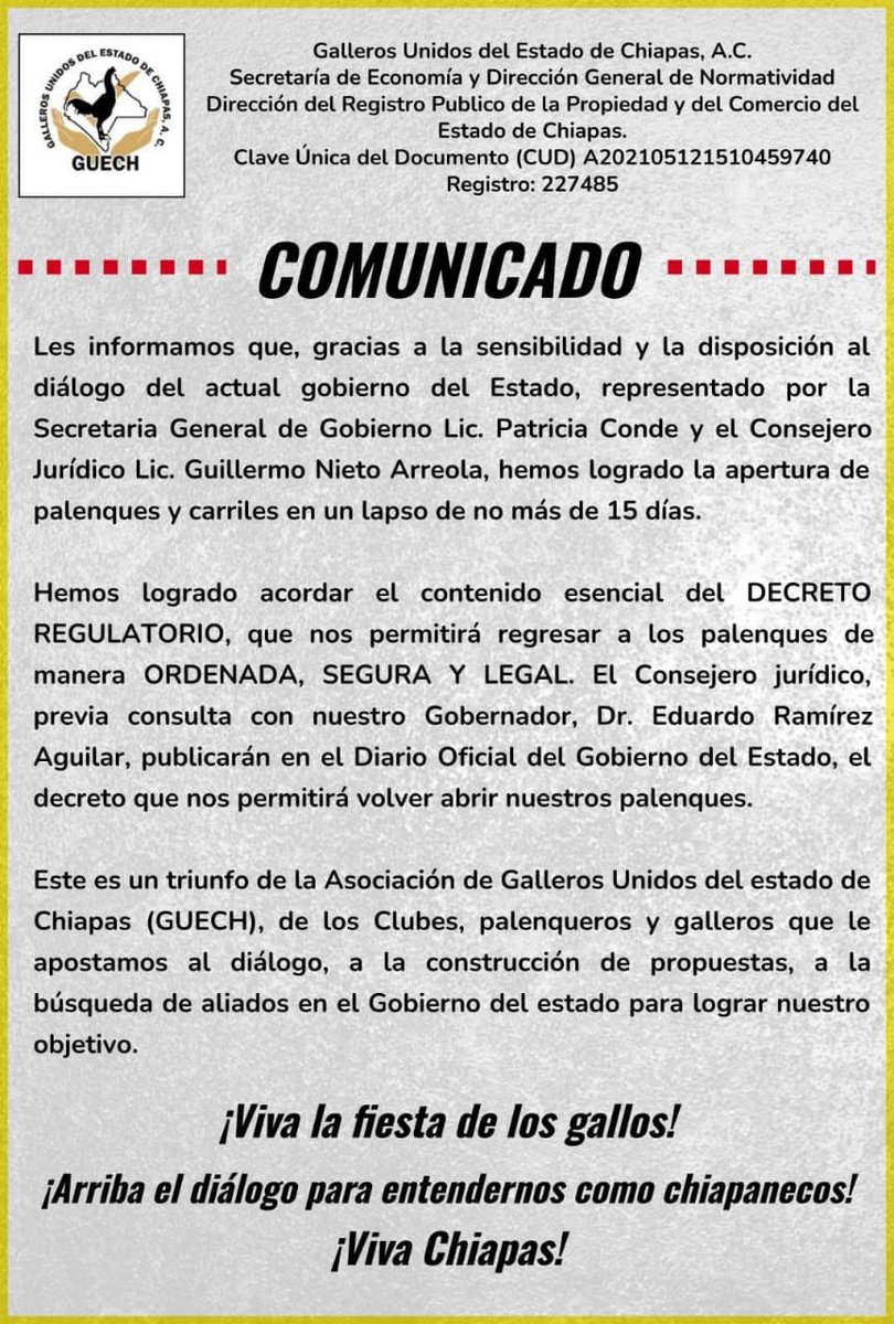 GabyCoutino's tweet photo. Se cancela el #DecretoEstatal que prohíbe las #PeleasDeGallos en #Chiapas. Es la versión de los #GallerosUnidosAC. En los próximos días, se publicará nuevo decreto con nuevas regulaciones. Al momento no hay un comunicado oficial de ningún área del Gobierno estatal https://t.co/Zh4nizZWDU