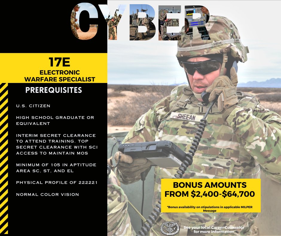 armyretention's tweet image. Looking to level up your Army career? Reclass to MOS 17E and become an Electronic Warfare Specialist. Step into the cutting-edge world of cyber defense, signal warfare, and electromagnetic operations.