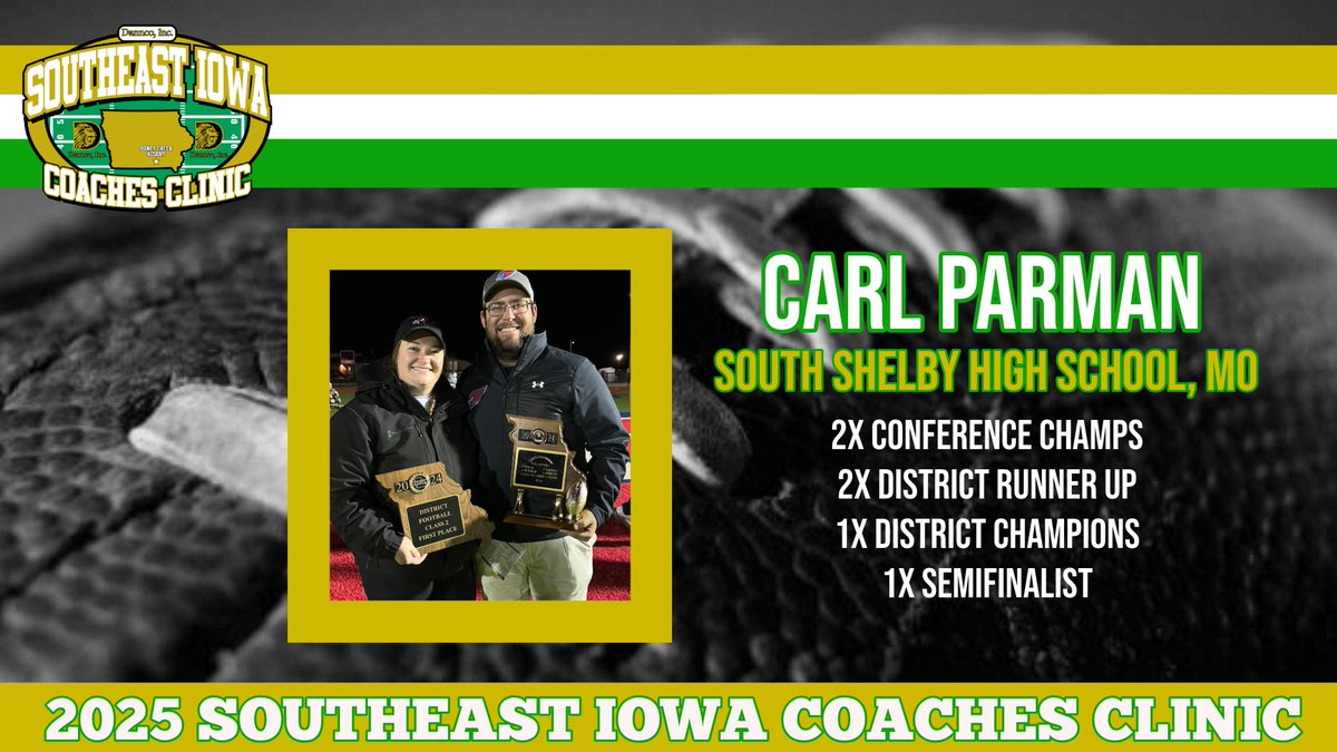 S.E. Iowa Football (@seiowafootball) on Twitter photo 🚨🚨 2025 CLINIC SPEAKER 🚨🚨
Speaker: Carl Parman
School: South Shelby High School (MO)
Topic: “Playing Defense with Passion and Energy”
Register online: seiowafootballclinic.com
<a href="/coachcparman/">Carl Parman</a> 🚨🚨 2025 CLINIC SPEAKER 🚨🚨
Speaker: Carl Parman
School: South Shelby High School (MO)
Topic: “Playing Defense with Passion and Energy”
Register online: seiowafootballclinic.com
<a href="/coachcparman/">Carl Parman</a>