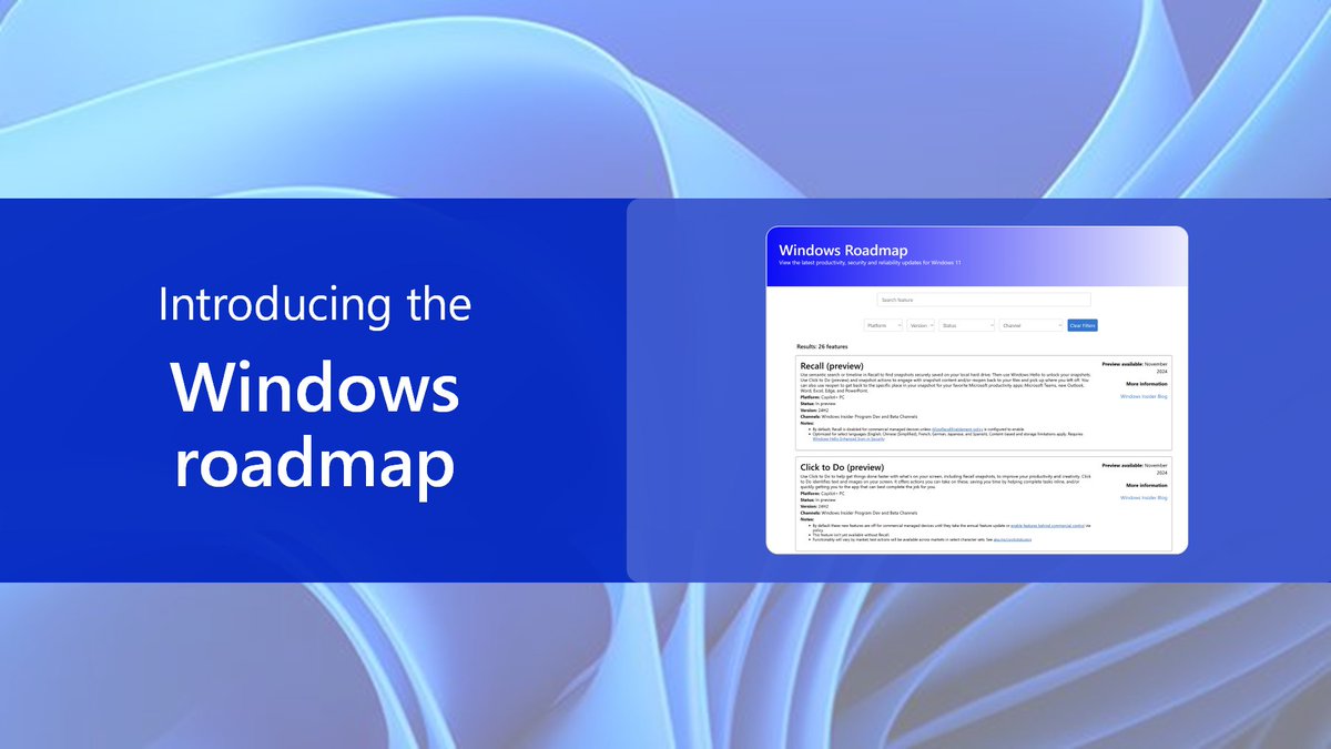 📢 Introducing the Windows roadmap! 🎉 Find out when features and improvements are rolling out before they are enabled in your estate. Sort by OS version, platform, or release channel. Take a closer look and learn more with today's announcement: techcommunity.microsoft.com/blog/Windows-I…