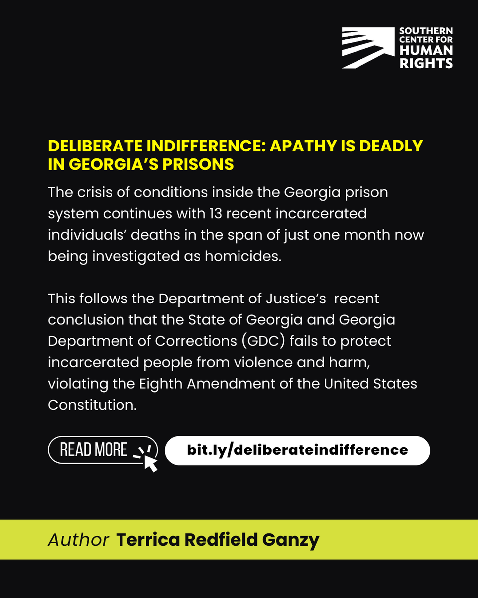 southerncenter's tweet photo. @southercenter ED Terrica Redfield Ganzy wrote an Op-Ed on the systemic culture of indifference in #Georgia's prison system. She makes it clear that the root cause of death and violence in GA prisons is: apathy.  https://t.co/hSsYvi97G9 https://t.co/rjcWVOmljr