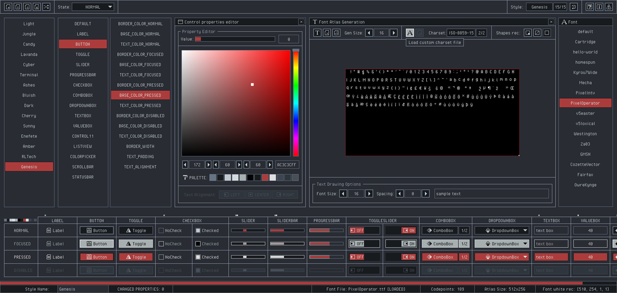 Hey! **rGuiStyler 6.0** is out!

A complete redesign for this raygui styles designer tool! I also created this new style called "Genesis"! I really like it, I think I'm using it with all my other tools! 😄

The tools is free and open-source!
Try it online: raylibtech.itch.io/rguistyler
