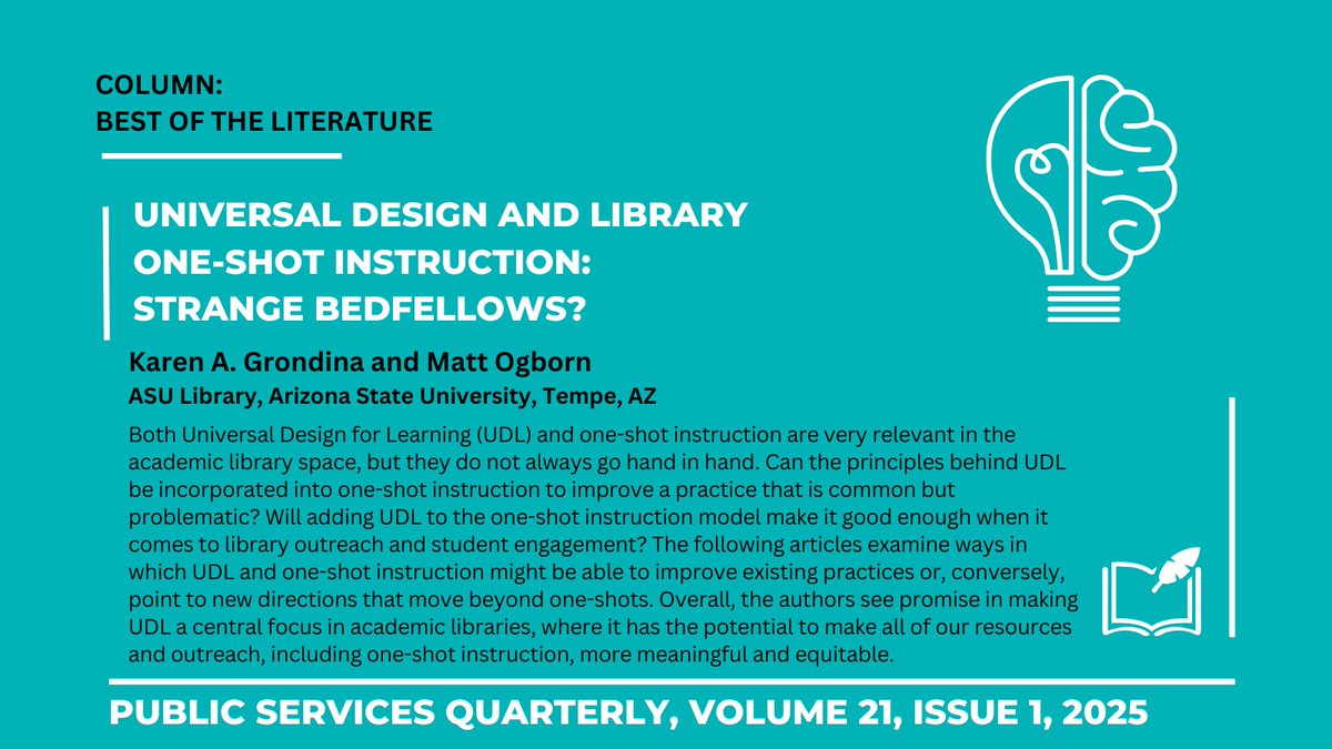 PublicServicesQ's tweet image. @asu librarians see promise in making #UniversalDesignForLearning a central focus in #academiclibraries, where it has the potential to make all of our resources and #outreach, including #OneShotInstruction, more meaningful and equitable.
Read more at doi.org/10.1080/152289…