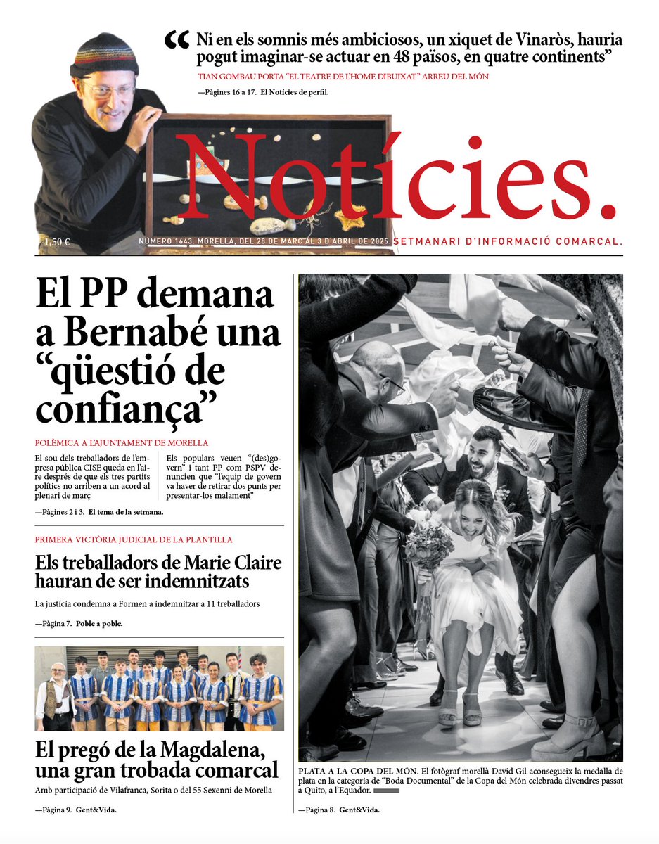 Demà divendres podràs llegir aquestes i altres informacions de la setmana de les que te n'avancem unes poques a la portada del setmanari Notícies
🗞
#infolocal #comarquesnord #Morella #Vilafranca #Castelló #ComunitatValenciana