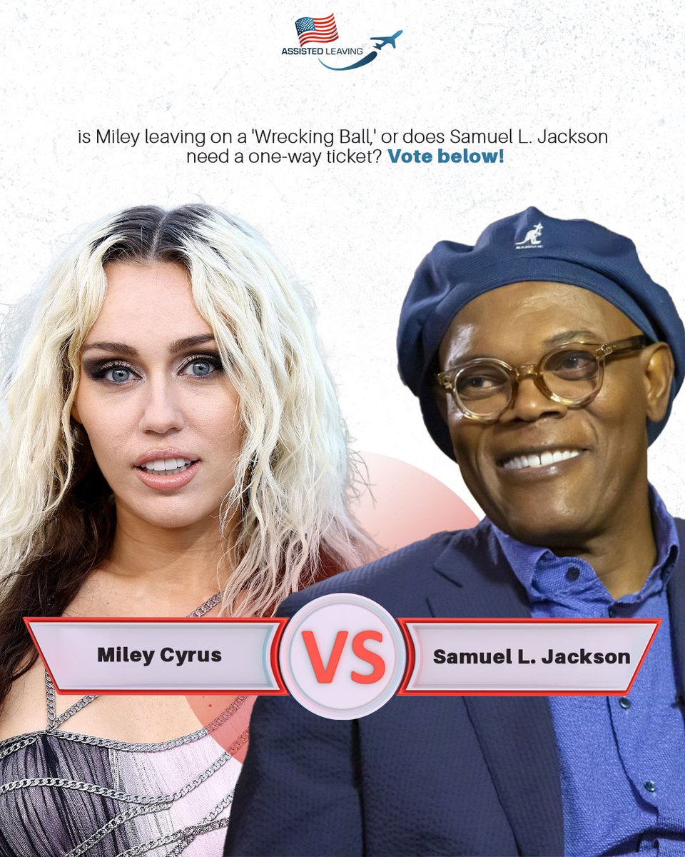 AssistedLeaving's tweet photo. Will @MileyCyrusBz @MileyNation13 finally take a ‘Wrecking Ball’ out of here, or is @SamuelLJackson catching the first flight?
Cast your vote now!
#MAGAExit #BonVoyageCelebs #KeepYourPromise
#TicketsForTraitors https://t.co/uZ4M7eFAFI