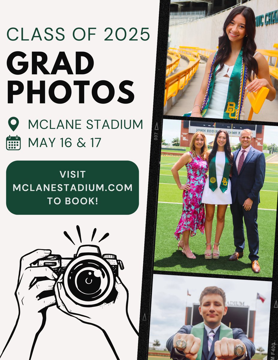 McLane Stadium (@mclanestadium) on Twitter photo π JUST ANNOUNCED π
<a href="/Baylor/">Baylor University</a> Class of 2025 Graduation Photo Sessions on John Eddie Williams Field on May 16th & 17th!
Celebrate your incredible accomplishment with us at #McLaneStadium !
Visit the link in our bio to reserve your spot now!
#SicEm #Classof2025 π JUST ANNOUNCED π
<a href="/Baylor/">Baylor University</a> Class of 2025 Graduation Photo Sessions on John Eddie Williams Field on May 16th & 17th!
Celebrate your incredible accomplishment with us at #McLaneStadium !
Visit the link in our bio to reserve your spot now!
#SicEm #Classof2025