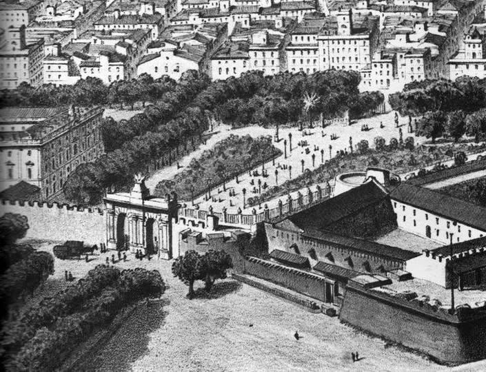 Muralla i porta de la Mar, en la litografia del francés A.Guesdon de l'any 1854.