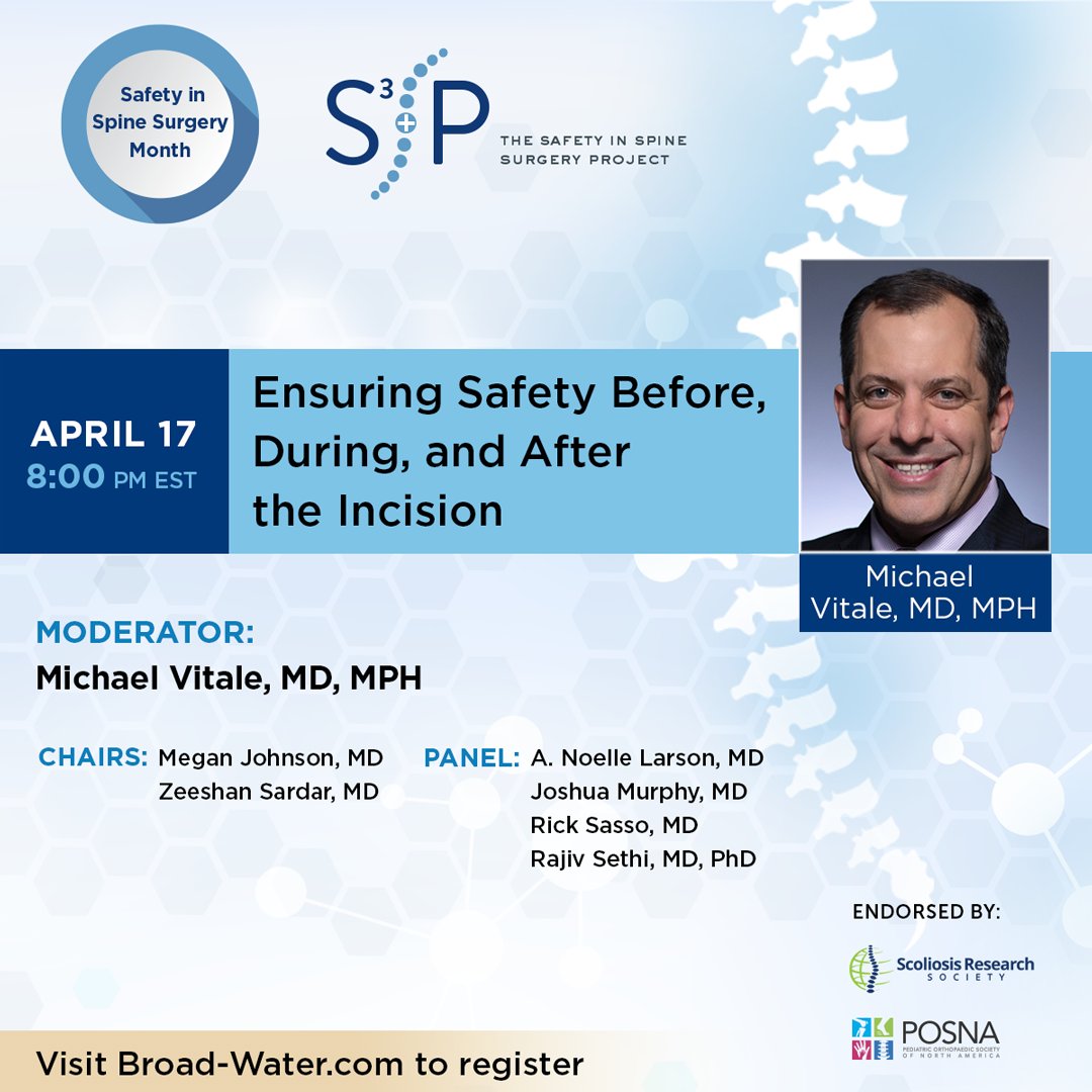 The Safety in Spine Surgery Project and Scoliosis Research Society (SRS) are hosting a must-attend webinar on Optimizing Patient Safety Before, During, and After the Incision.

April 17th | 8PM ET

Register now: us06web.zoom.us/webinar/regist…

#webinar #spine #spinesurgery #SRS
