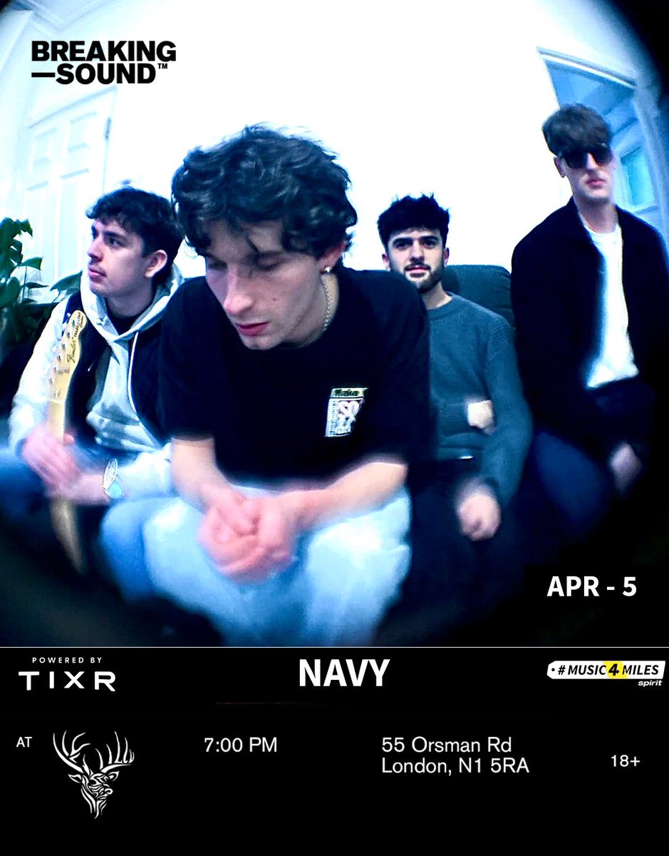NAVY (@navybanduk) on Twitter photo Excited to be playing the <a href="/BreakingSound/">Breaking Sound</a> artist showcase at the Stags Head, London on 5th April.
Tickets in our bio, along with a link for limited edition NAVY x Breaking Sound t shirts.
*Please note, if buying a ticket, make sure you select NAVY at checkout! Excited to be playing the <a href="/BreakingSound/">Breaking Sound</a> artist showcase at the Stags Head, London on 5th April.
Tickets in our bio, along with a link for limited edition NAVY x Breaking Sound t shirts.
*Please note, if buying a ticket, make sure you select NAVY at checkout!