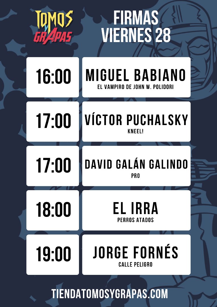 Id tomando nota de las FIRMAS ✍️ que tendremos mañana día 28 en la FERIA del CÓMIC de MADRID 🔥

Arrancamos fuerte desde las 16:00 🕐 en la caseta 27 en el Matadero, con estos cinco autorazos 📚

Toda la info aquí! 👉 feriacomicmadrid.com/firmas-fcmadri…