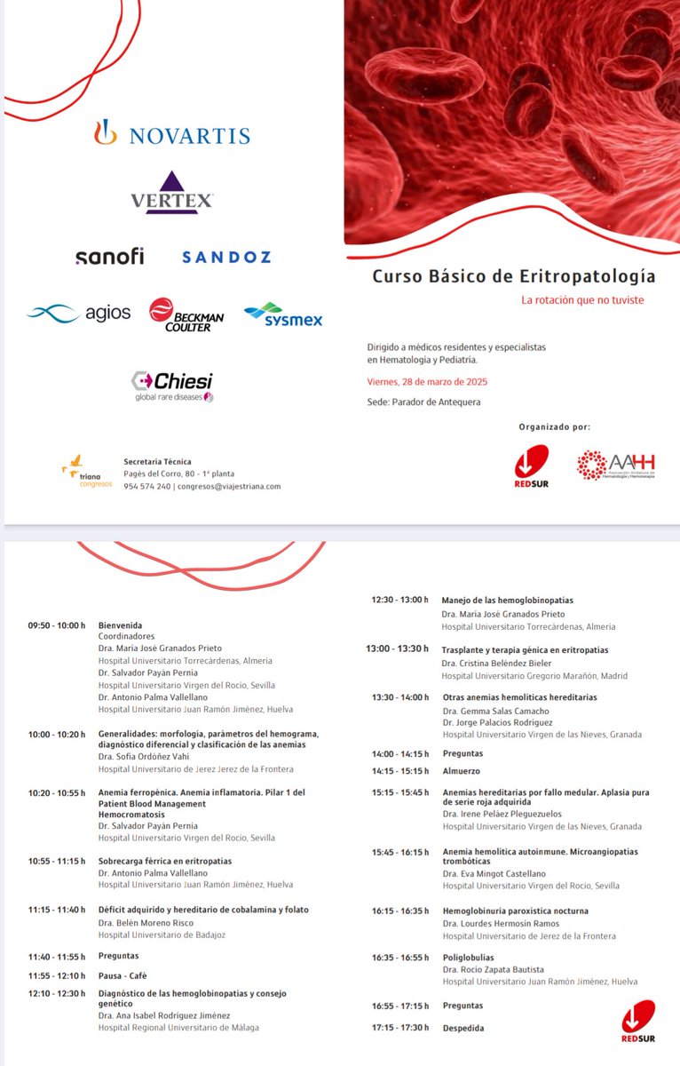 salvadorpayan's tweet image. Todo listo para la 1ª edición del Curso Básico de #Eritropatología de #REDSUR. ¡Os vemos mañana en Antequera al casi centenar de inscritos! ¡Gracias a los patrocinadores!