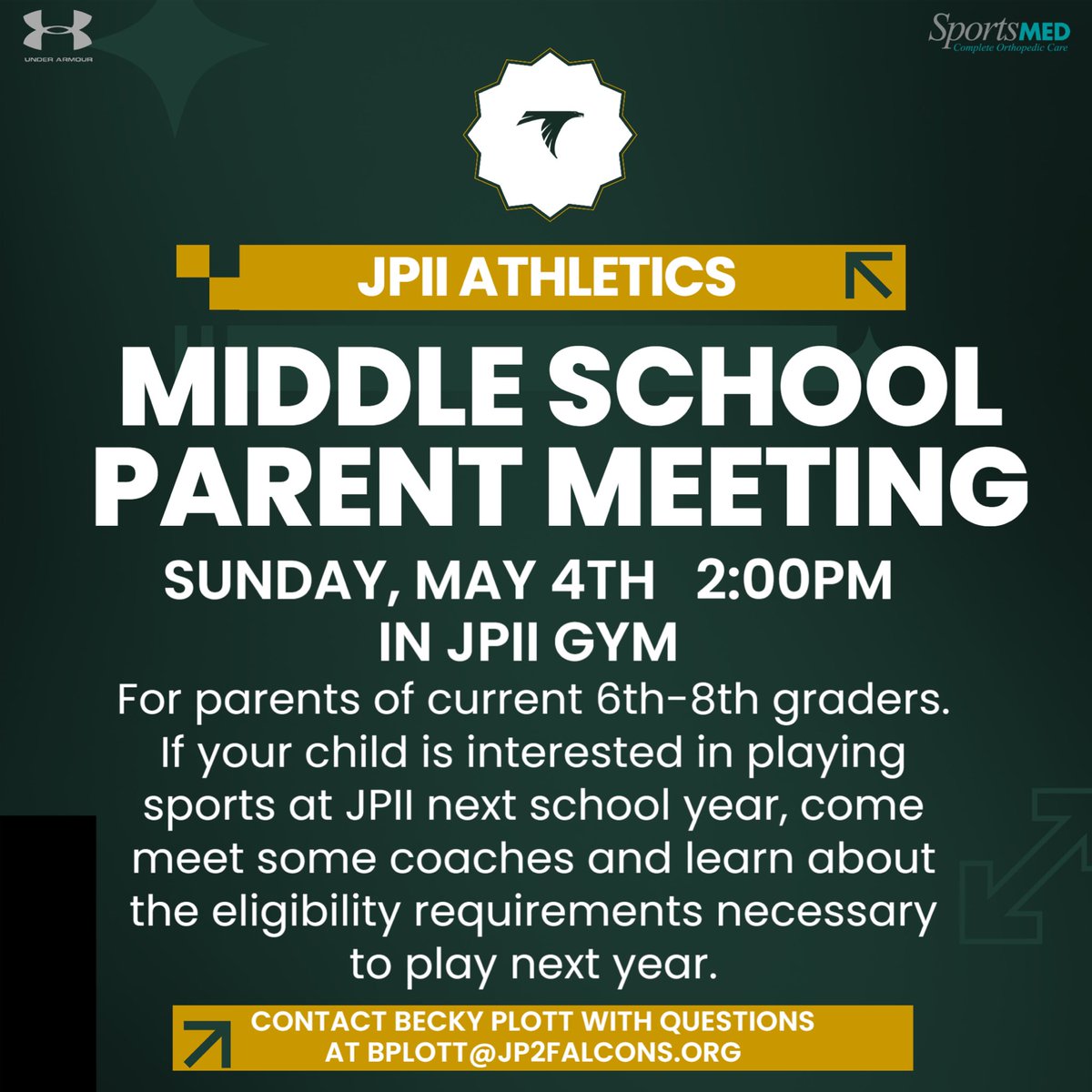 JPII Athletics (@jpiisports) on Twitter photo If your middle school child is interested in playing sports at JPII next school year, please plan on attending this important meeting on Sunday, May 4th at 2PM in the JPII Gym. Contact Becky Plott with any questions at bplott@jp2falcons.org. If your middle school child is interested in playing sports at JPII next school year, please plan on attending this important meeting on Sunday, May 4th at 2PM in the JPII Gym. Contact Becky Plott with any questions at bplott@jp2falcons.org.