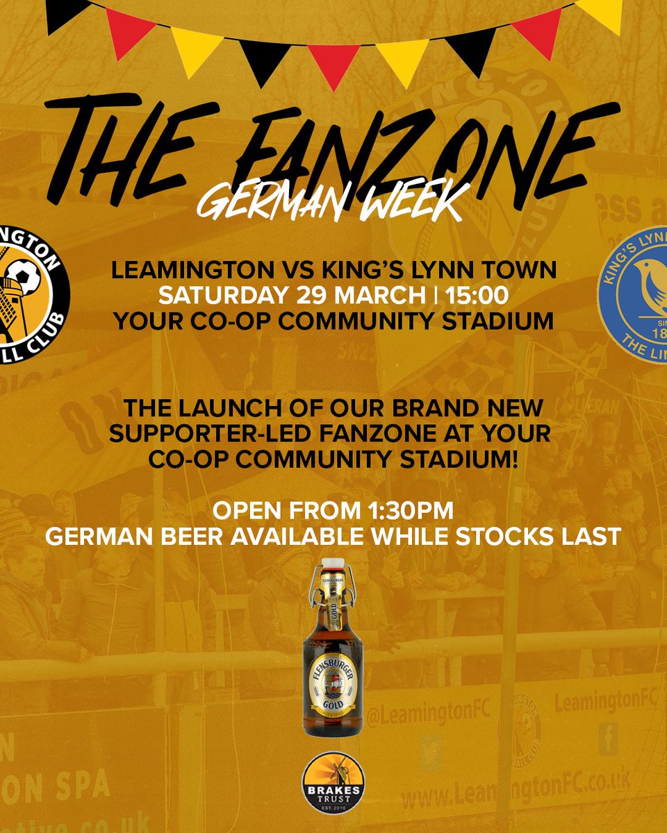 LeamingtonFC's tweet photo. 𝐓𝐡𝐞 𝐅𝐚𝐧𝐳𝐨𝐧𝐞 launches this Saturday, and it’s German Week! 🇩🇪 

#BackingTheBrakes | #BrakesTogether https://t.co/ZkQ5OXaBSv