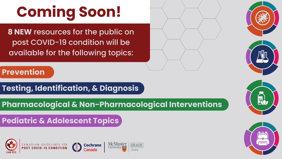 ARCHE (@arche4evidence) on Twitter photo The CAN-PCC collaborative <a href="/CochraneCanada/">Cochrane Canada</a> has been releasing recommendations on #longcovid (post COVID-19 condition).
Stay tuned for 8 new public resources highlighting recommendations on different topics for long COVID including prevention, clinical interventions, and more! The CAN-PCC collaborative <a href="/CochraneCanada/">Cochrane Canada</a> has been releasing recommendations on #longcovid (post COVID-19 condition).
Stay tuned for 8 new public resources highlighting recommendations on different topics for long COVID including prevention, clinical interventions, and more!