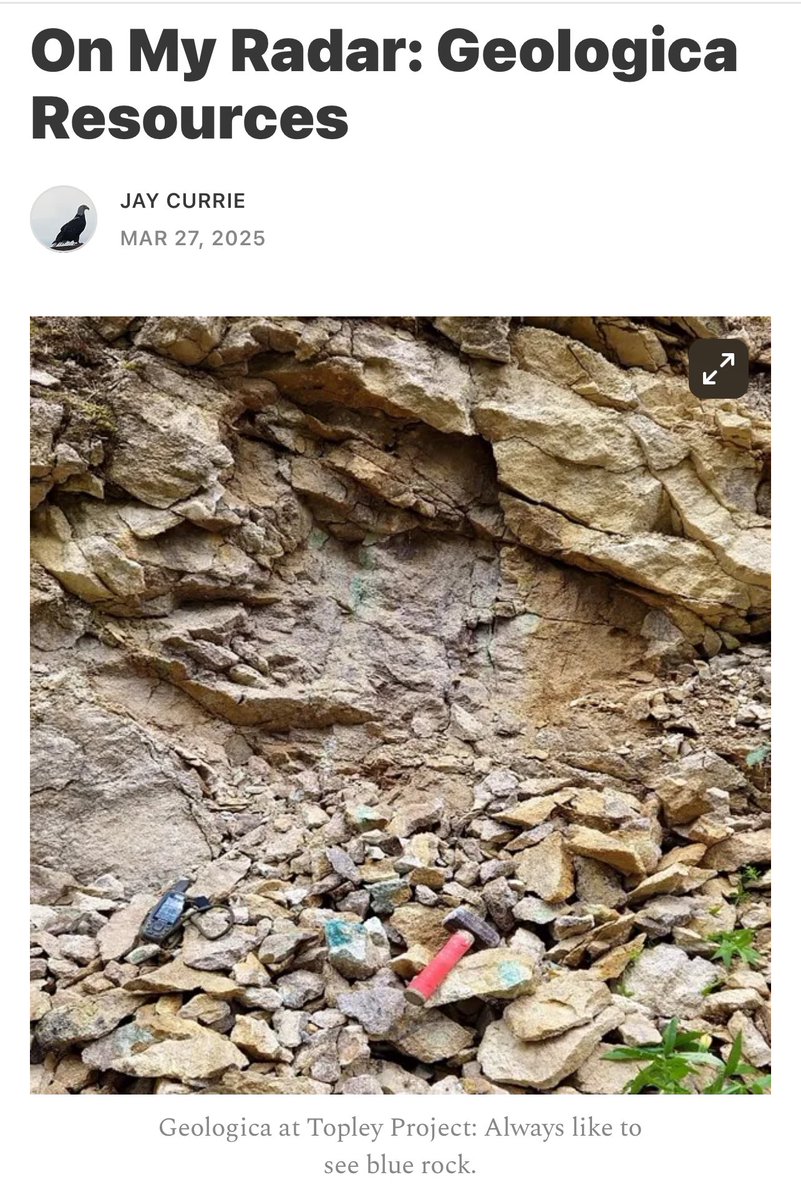 growthstocktalk's tweet photo. Geologica Resource Corp (GRCM)
#grcm #copper #gold
The company is, “analyzing more than 1,000 soil samples & 300 rock samples from Titan, as well as historical Skytem, airborne magnetic and EM survey data, to hone its exploration plans for a 2 km anomaly (Buchans Creek) https://t.co/Edg9pVF36f