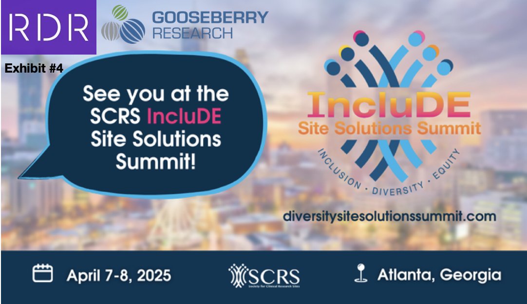 Counting down to SCRS IncluDE Site Solutions Summit™ on April 7-8, 2025, in Atlanta, GA!
RDR, LLC will be at the SCRS IncluDE Site Solutions Summit™ connecting with peers.

Be sure to stop by our exhibit booth #4! Let’s Partner for Progress™ and work together #SCRS2025