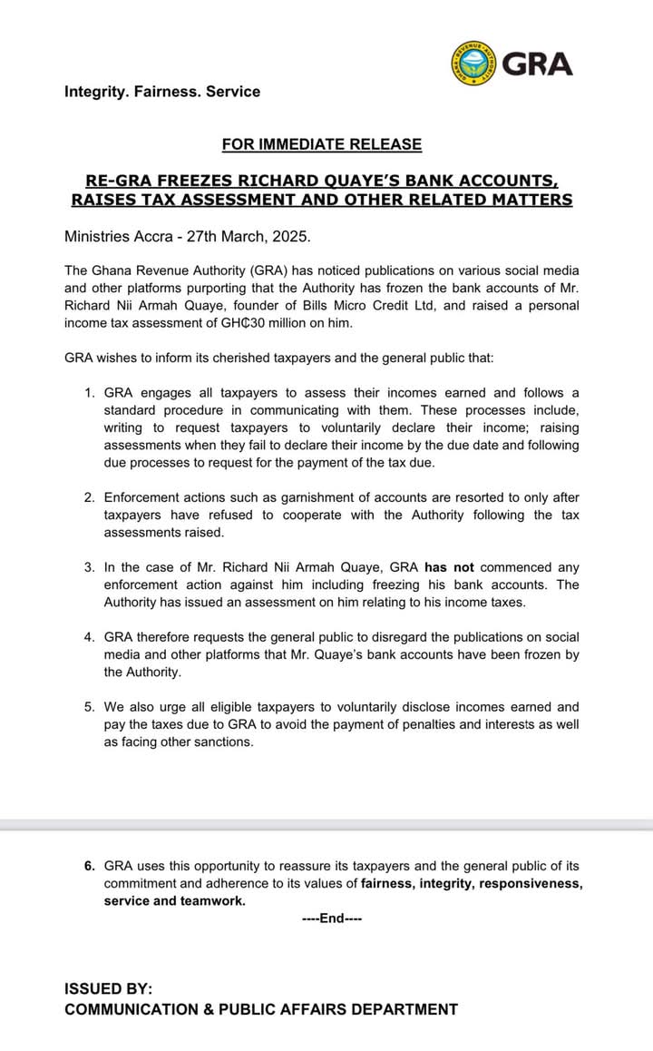 GRA refutes claims of freezing Richard Nii Armah Quaye's bank accounts.