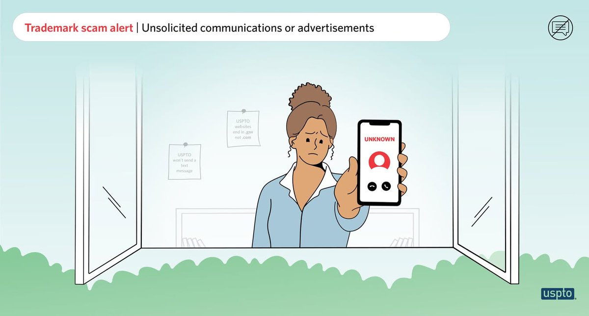 USPTO (@uspto) on Twitter photo Scammers use deceptive or misleading notices to convince you to use their services. Think you're being scammed, email us at TrademarkAssistanceCenter@uspto.gov or call 1-800-786-9199 (press 1). Learn about recognizing common scams:uspto.gov/trademarks/pro… Scammers use deceptive or misleading notices to convince you to use their services. Think you're being scammed, email us at TrademarkAssistanceCenter@uspto.gov or call 1-800-786-9199 (press 1). Learn about recognizing common scams:uspto.gov/trademarks/pro…