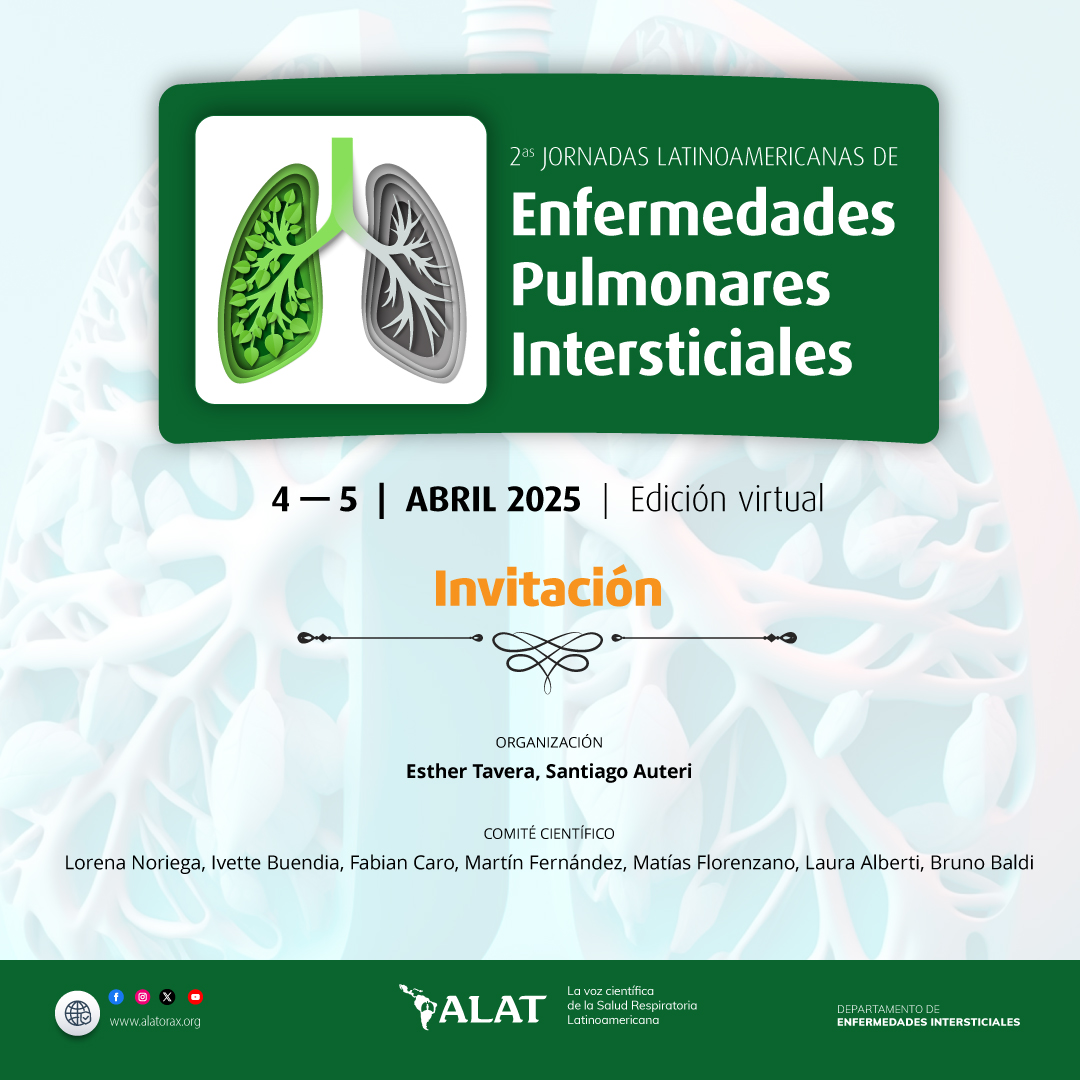 #ALAT2025 #EnfermedadesIntersticiales 🫁👉4 y 5 de abril se realizarán las 2das. Jornadas Latinoamericanas de Enfermedades Pulmonares Intersticiales, con una nutrida agenda y abierto a todos público, miembros ALAT y miembros del Departamento EPID ALAT. ✅ alatorax.org/es/eventos/2as…