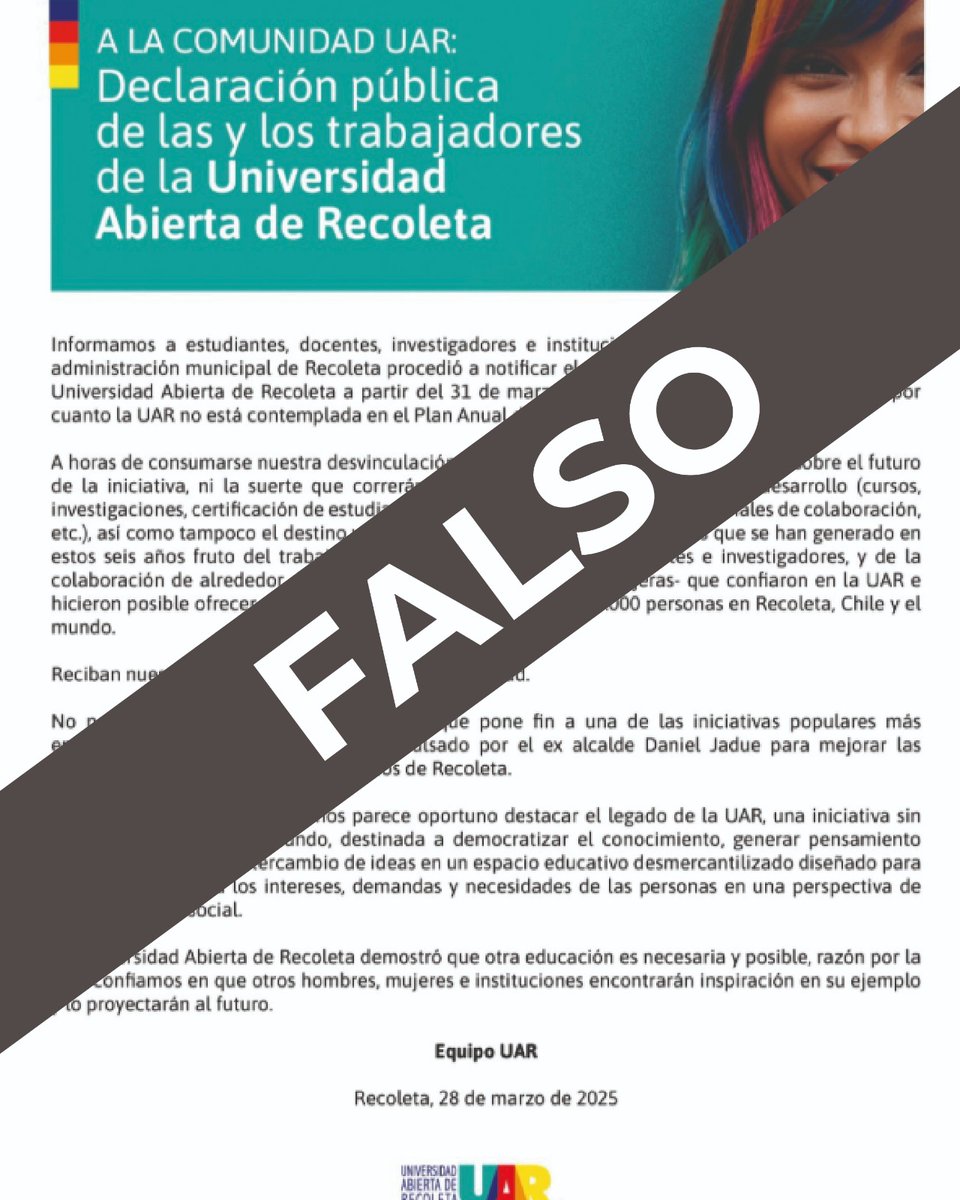 FaresJadue's tweet photo. 🔴La Universidad Abierta seguirá funcionando!

Es FALSO que este importante proyecto cierra, aquí les dejo comunicado oficial... https://t.co/cGZ0GKAN6B