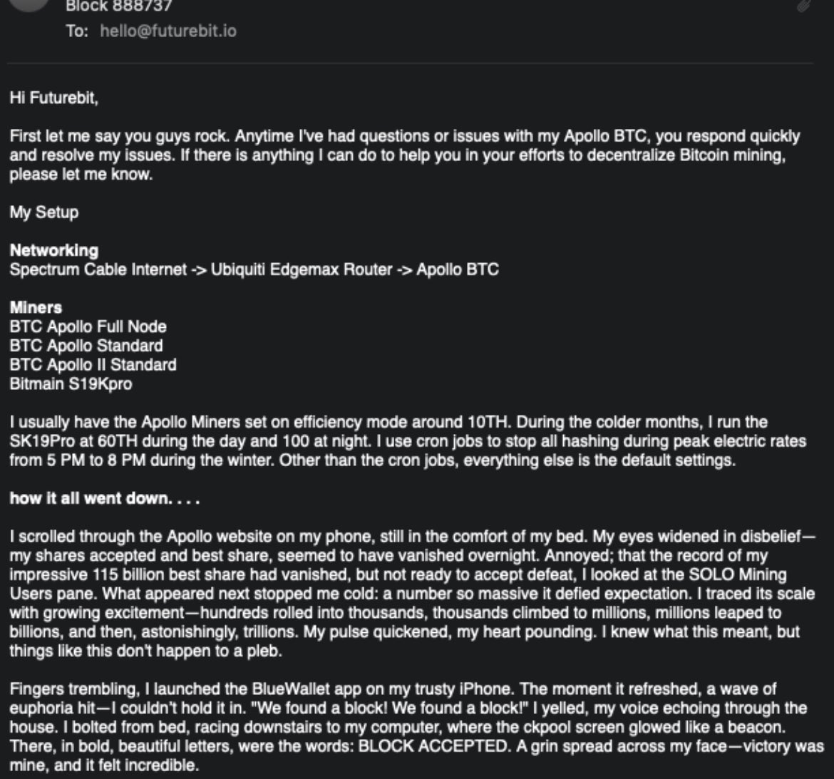 BREAKING: #BITCOIN BLOCK 888737 WAS MINED BY A HOME MINER WITH ONLY 4  MACHINES THEY SPENT $2,500 AND EARNED $250,000. INCREDIBLE 🚀