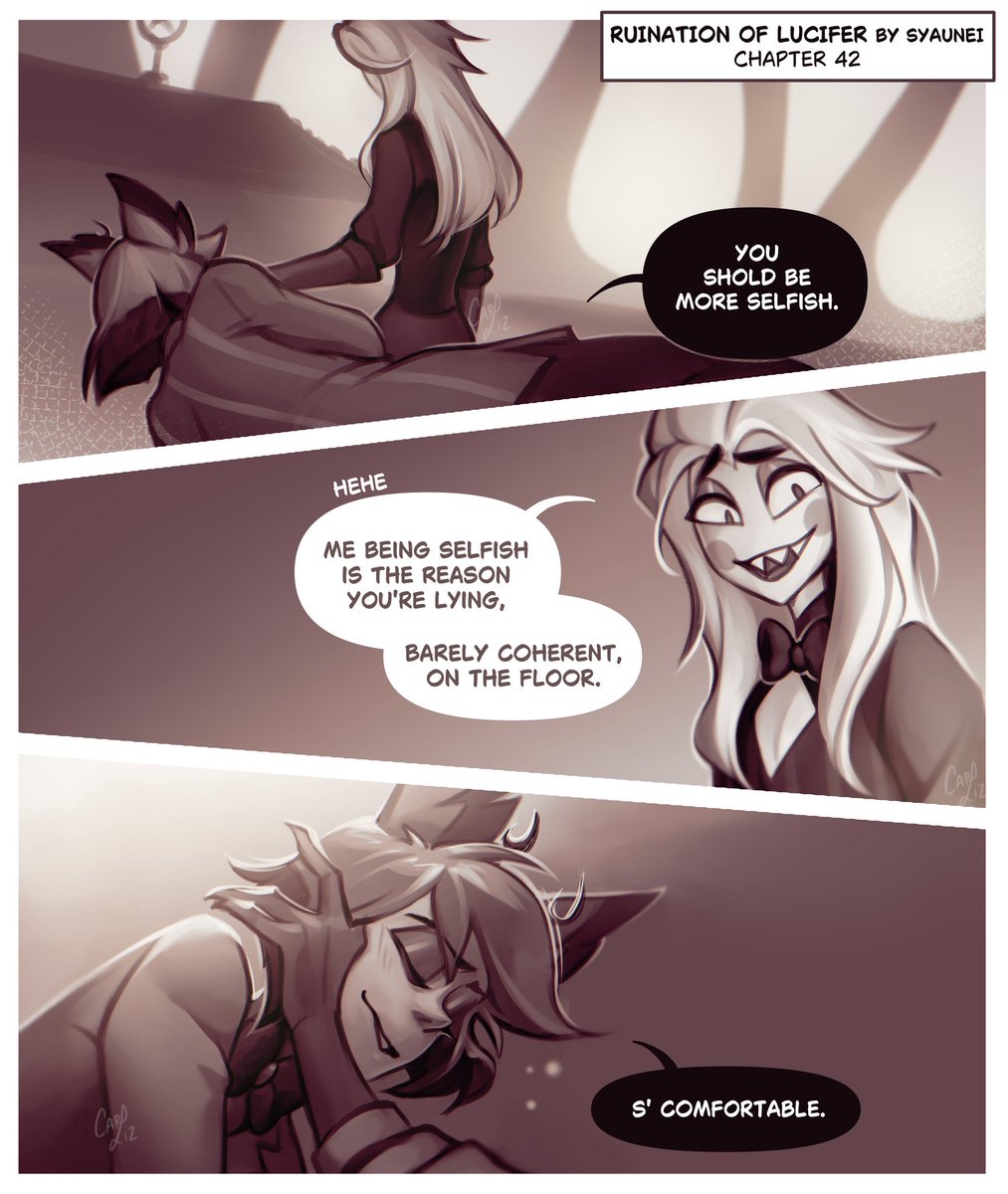It's time for other Ruination of Lucifer art!! Yes! 
<a href="/Syaunei/">Syaunei</a> 🫶❤️❤️

One of Chapter 42, before the silly deer ruined everything and the angst that came later 🥹

I loved imagining Lucifer giving sleepy Alastor some caresses 🥰

#RuinationofLucifer #radioapple #appleradio