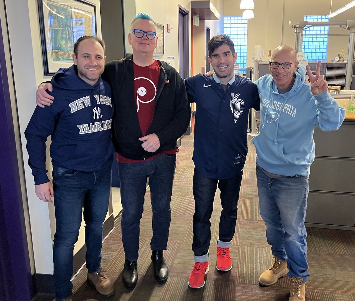 WXPN (@wxpnfm) on Twitter photo Happy Opening Day! Go <a href="/Phillies/">Philadelphia Phillies</a> - today's infield lineup (l-r) <a href="/WXPNMikeV/">Mike Vasilikos 🎧</a> <a href="/DJRobertDrake/">DJ Robert Drake 🏳️🌈</a> Kallao & <a href="/somevelvetblog/">Some Velvet Blog</a> Happy Opening Day! Go <a href="/Phillies/">Philadelphia Phillies</a> - today's infield lineup (l-r) <a href="/WXPNMikeV/">Mike Vasilikos 🎧</a> <a href="/DJRobertDrake/">DJ Robert Drake 🏳️🌈</a> Kallao & <a href="/somevelvetblog/">Some Velvet Blog</a>
