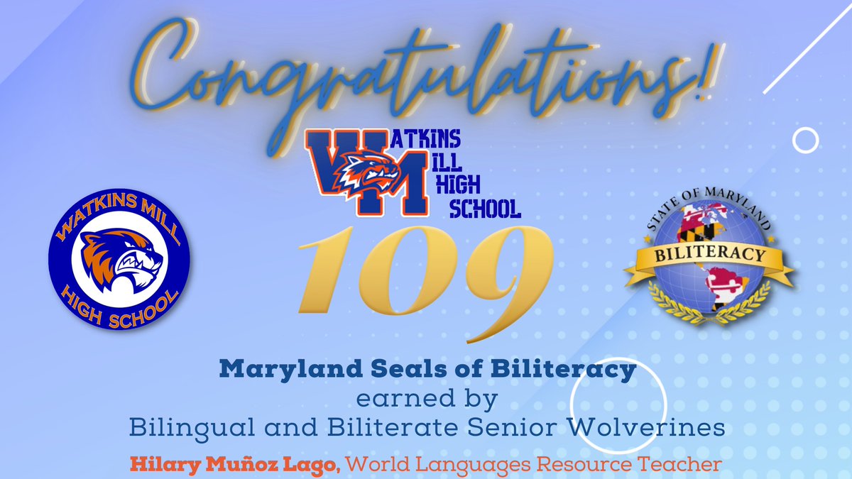 👏 <a href="/WatkinsMillHS/">Watkins Mill HS</a> celebrates 109 seniors with the #MDSealofBiliteracy in over 10 languages like Spanish, French, Amharic, Bengali, and Filipino. Incredible! 🌎 #MCPSMultilingual  We are so proud of the Wolverine Way - which knows the power of languages &amp; cultures!