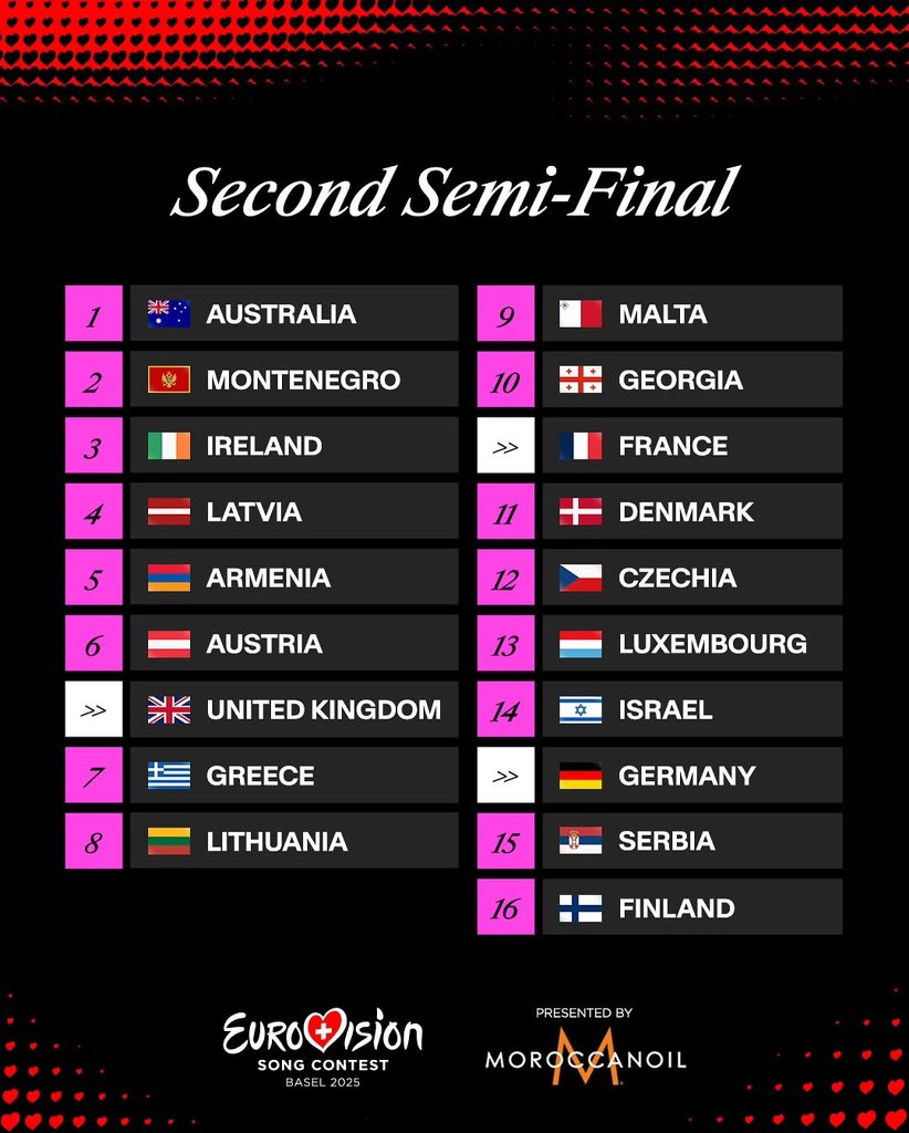 Eurovisn_Turkey's tweet photo. 2025 Eurovision yarı finallerinde ülkelerin sahneye çıkış sıralaması açıklandı. #Eurovision #ESC2025 https://t.co/Y4qciOFMEL