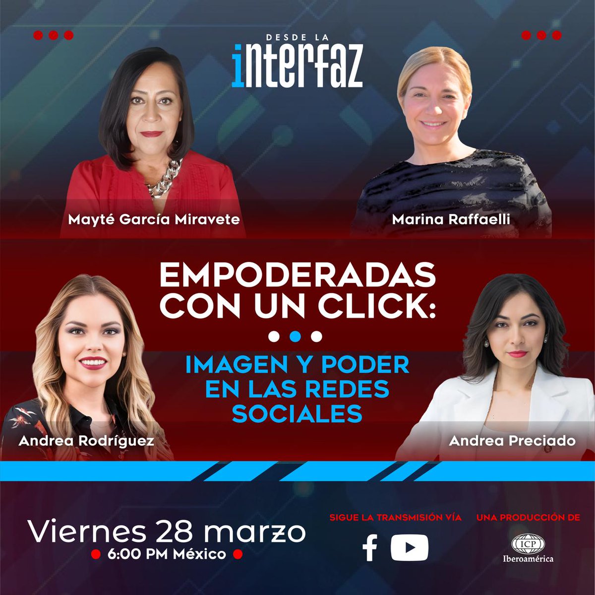 ✨ "Empoderadas con un Clic: Imagen y Poder en las Redes Sociales" 💜📢
Este 28 de marzo a las 6 PM, conoce cómo las mujeres usan las redes para transformar la política en #DesdeLaInterfaz. 💻🔥

📍 En vivo por Facebook y YouTube de <a href="/ICPIberoamerica/">ICP Iberoamérica</a>.
<a href="/AndyPreciadoM/">Andrea Preciado</a> <a href="/AndreaRzR/">Andrea Rodríguez R.</a>