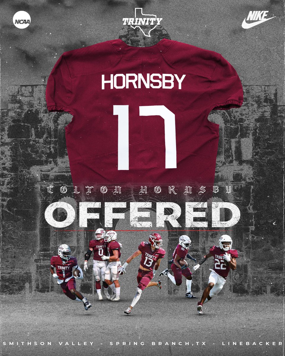 Colton Hornsby (@colton_hornsby) on Twitter photo After a great visit I am extremely humbled and honored to have been offered to play <a href="/TUFootballTX/">Trinity University Football</a>. I want to thank <a href="/JerhemeUrban83/">Jerheme Urban</a> and <a href="/CoachMichalak/">Coach Michalak</a> for this opportunity. 
<a href="/SV_RangerFB/">SV Ranger Football</a> <a href="/RangerRecruits/">Ranger Recruiting</a> After a great visit I am extremely humbled and honored to have been offered to play <a href="/TUFootballTX/">Trinity University Football</a>. I want to thank <a href="/JerhemeUrban83/">Jerheme Urban</a> and <a href="/CoachMichalak/">Coach Michalak</a> for this opportunity. 
<a href="/SV_RangerFB/">SV Ranger Football</a> <a href="/RangerRecruits/">Ranger Recruiting</a>