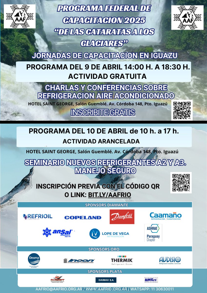 Capacitaciones en Iguazú, Misiones, Argentina.
9 de abril inscripción gratis en iguazu.eventbrite.com 

Seminario sobre nuevos refrigerantes, consultar en aafrio@aafrio.org.ar ó aafrio.org.ar
#refrigerantes #refrigeracion #aireacondicionado.