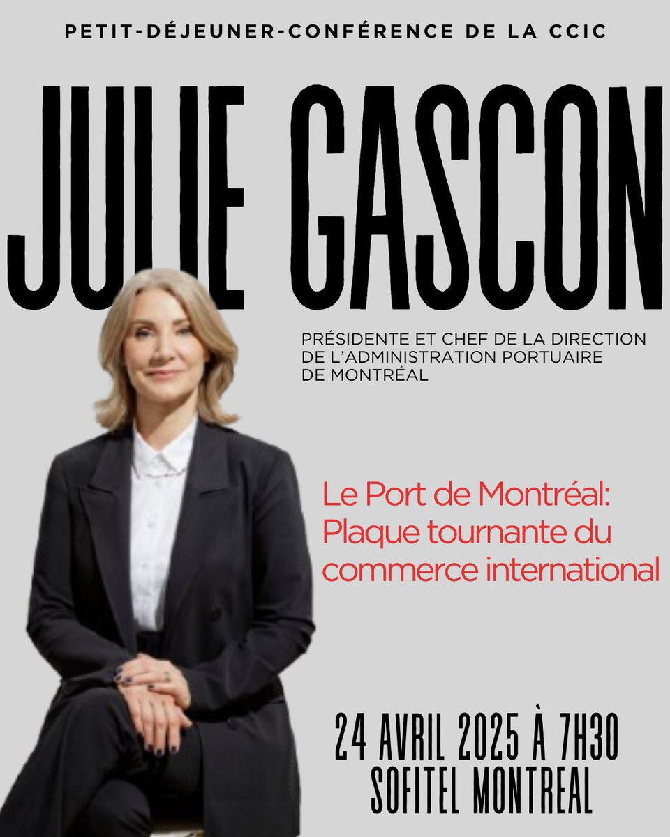 🚢Petit-déjeuner-conférence exclusif de la CCIC avec Julie Gascon 

Le 24 avril, joignez-vous à nous pour un événement incontournable avec Mme Julie Gascon, Présidente et Chef de la direction de l’Administration portuaire de Montréal.

Le Port de #Montréal, un carrefour