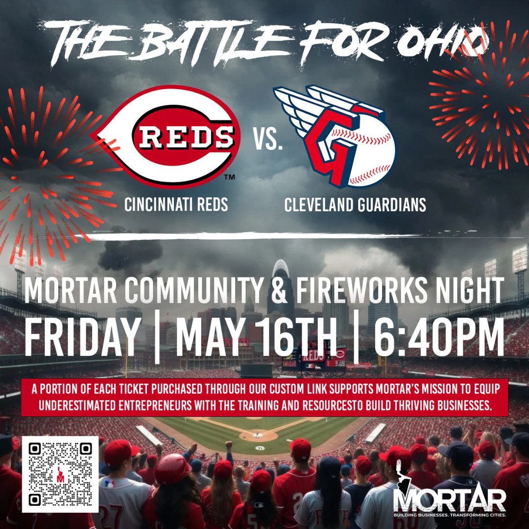 Happy Reds Opening Day! Join us on Friday, May 16th, at 6:40 PM for MORTAR Community Night at Great American Ball Park! As we celebrate 10 years of impact, come cheer on the Cincinnati Reds vs. Cleveland Guardians and enjoy a Friday Night Fireworks show after the game.