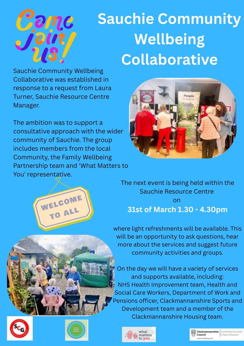 📣 CALLING SAUCHIE COMMUNITY

Please join us on Monday 31st March at 1.30pm at Sauchie Resource Centre. 

Let YOUR voice be heard!

See more details below
👇🏼