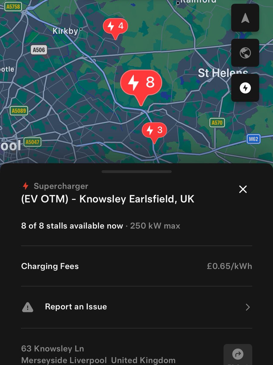 Anekcahaps's tweet image. Knowsley Earlsfield UK EV-On-The-Move Tesla supercharger is now open with 8 V4 stalls. It’s on the south/west side of the M57 J2 at Earlsfield services, the pin location gets messed up the further you zoom out in the Tesla app.